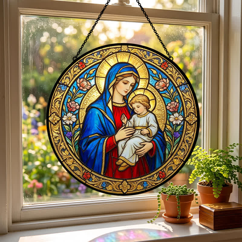 Christianartworkshop Atrapasueños de cristal antiguo de Nuestra Señora y el Niño Jesús: Emblema de la tierna gracia celestial. - image 2