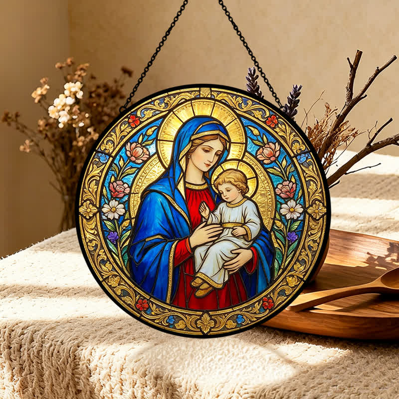 Christianartworkshop Atrapasueños de cristal antiguo de Nuestra Señora y el Niño Jesús: Emblema de la tierna gracia celestial. - image 4