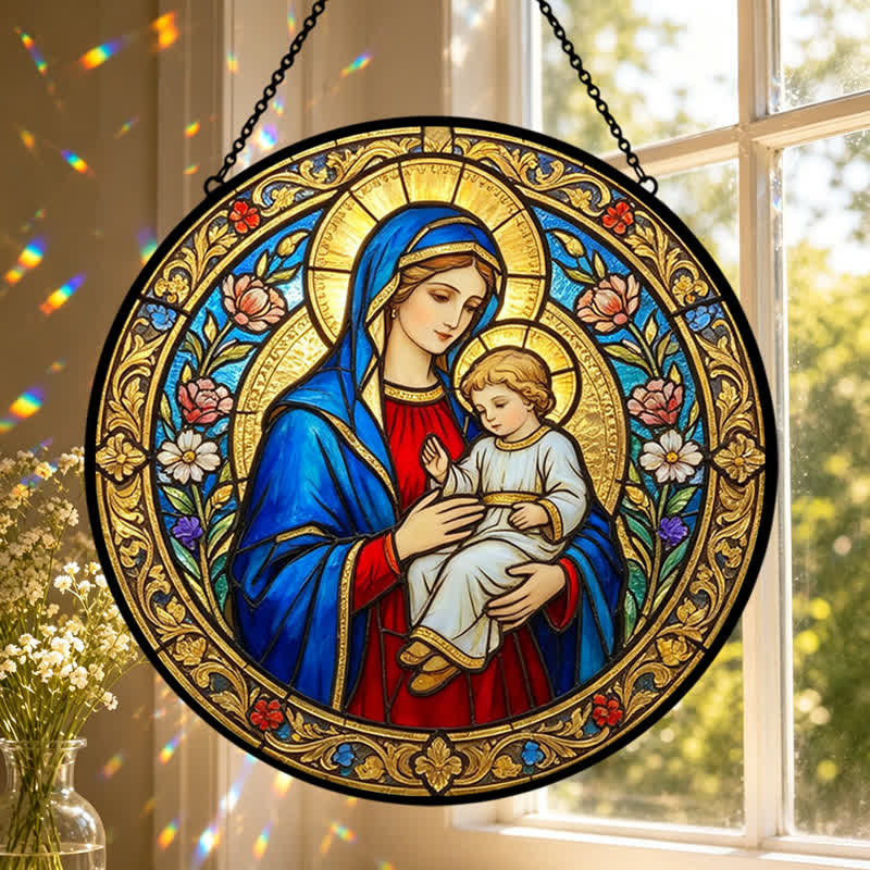 Christianartworkshop Atrapasueños de cristal antiguo de Nuestra Señora y el Niño Jesús: Emblema de la tierna gracia celestial. - image 0