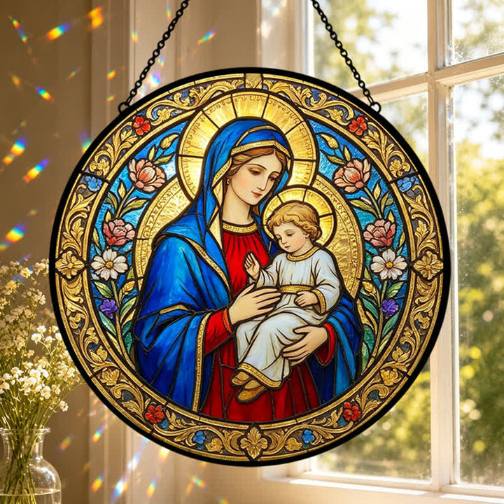Christianartworkshop Atrapasueños de cristal antiguo de Nuestra Señora y el Niño Jesús: Emblema de la tierna gracia celestial. - image 0