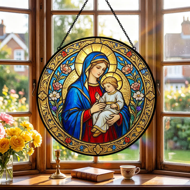 Christianartworkshop Atrapasueños de cristal antiguo de Nuestra Señora y el Niño Jesús: Emblema de la tierna gracia celestial. - image 3