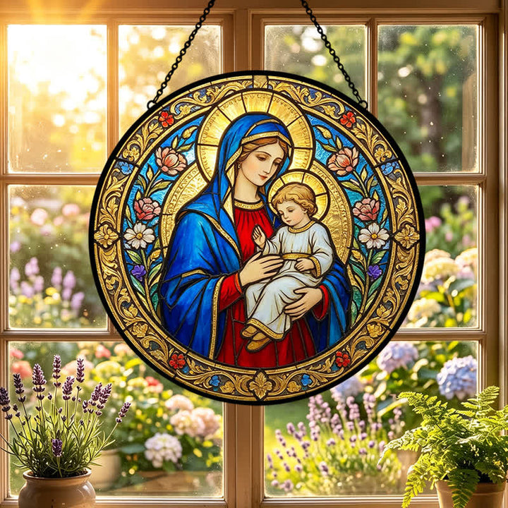 Christianartworkshop Atrapasueños de cristal antiguo de Nuestra Señora y el Niño Jesús: Emblema de la tierna gracia celestial. - image 5