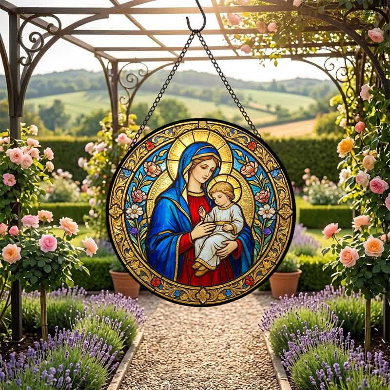 Christianartworkshop Atrapasueños de cristal antiguo de Nuestra Señora y el Niño Jesús: Emblema de la tierna gracia celestial. - image 6