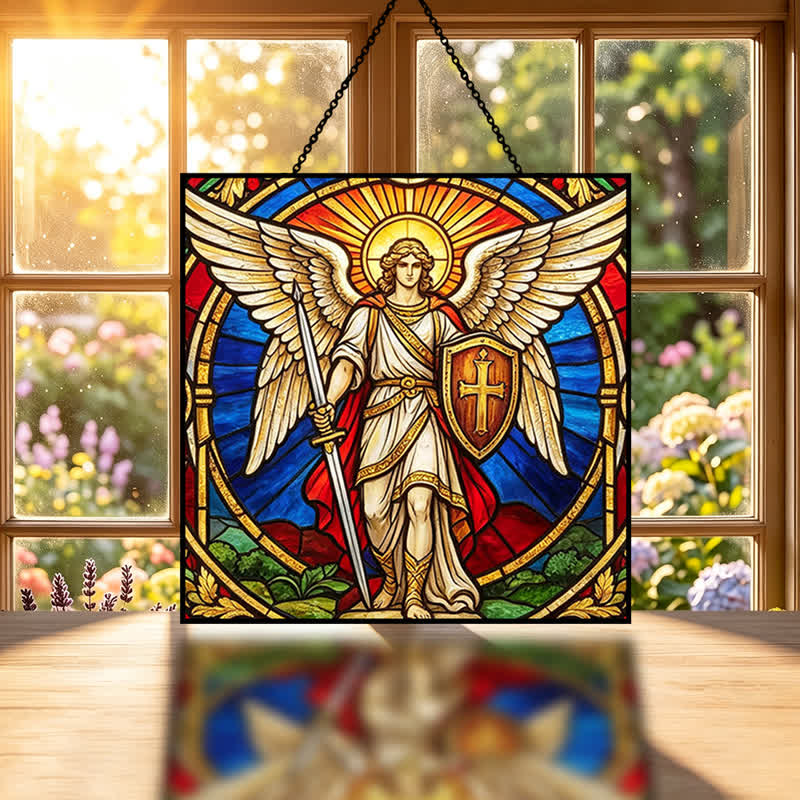 Christianartworkshop Atrapasueños de cristal con el Arcángel Miguel Guardián Alado: Símbolo de silenciosa vigilancia celestial. - image 1
