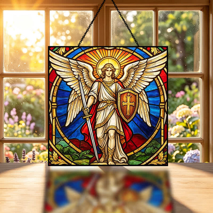 Christianartworkshop Atrapasueños de cristal con el Arcángel Miguel Guardián Alado: Símbolo de silenciosa vigilancia celestial. - image 1