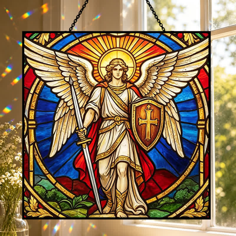 Christianartworkshop Atrapasueños de cristal con el Arcángel Miguel Guardián Alado: Símbolo de silenciosa vigilancia celestial. - image 0