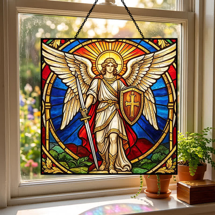 Christianartworkshop Atrapasueños de cristal con el Arcángel Miguel Guardián Alado: Símbolo de silenciosa vigilancia celestial. - image 3