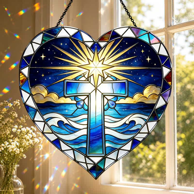 Christianartworkshop Elegante atrapasoles de cristal con forma de cruz en forma de corazón: emblema de cálida gracia sagrada. - image 0