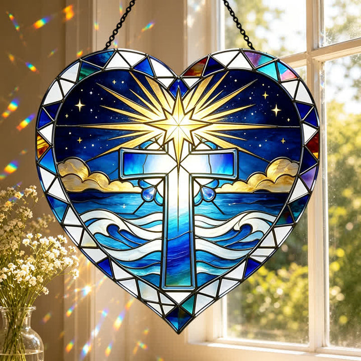 Christianartworkshop Elegante atrapasoles de cristal con forma de cruz en forma de corazón: emblema de cálida gracia sagrada. - image 0
