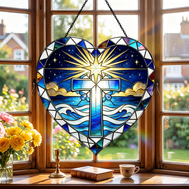Christianartworkshop Elegante atrapasoles de cristal con forma de cruz en forma de corazón: emblema de cálida gracia sagrada. - image 3