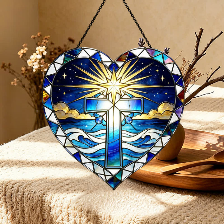 Christianartworkshop Elegante atrapasoles de cristal con forma de cruz en forma de corazón: emblema de cálida gracia sagrada. - image 4