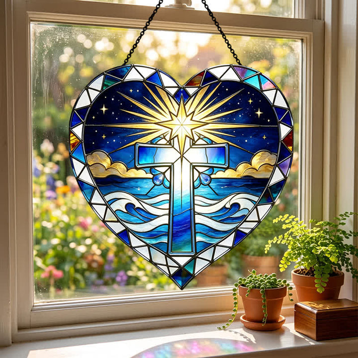 Christianartworkshop Elegante atrapasoles de cristal con forma de cruz en forma de corazón: emblema de cálida gracia sagrada. - image 2