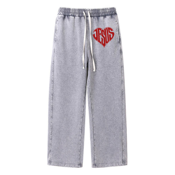 Christianartworkshop Pantalones deportivos lavados de corte relajado con estampado de corazón de Jesús - Gris - 2XL - image 0