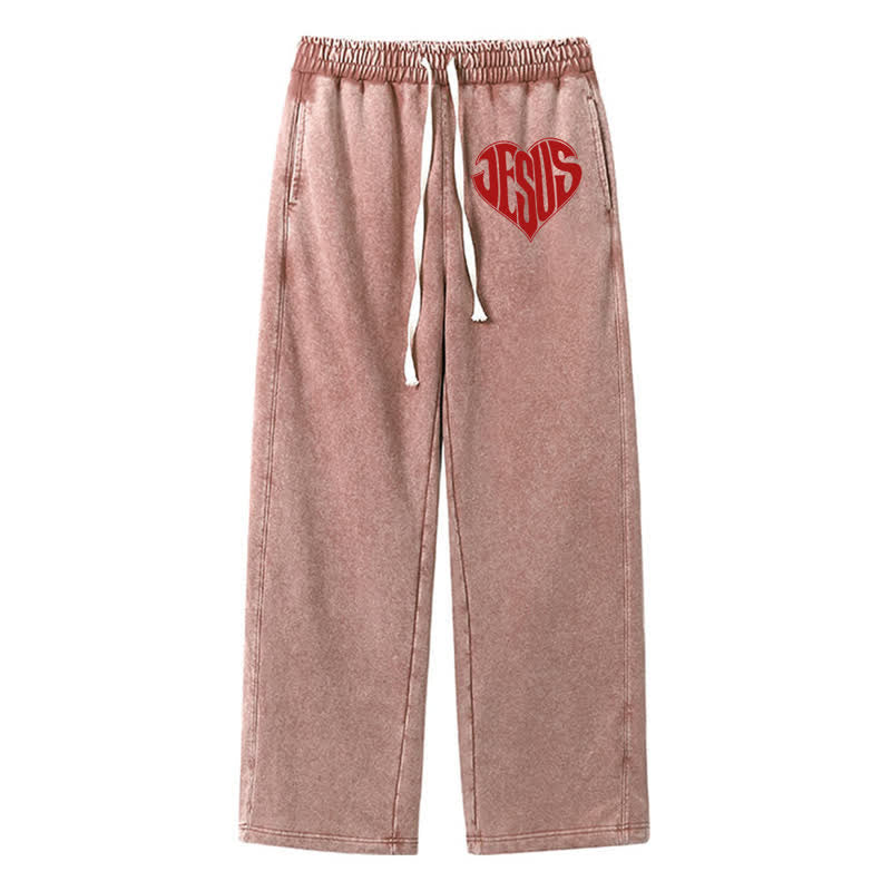 Christianartworkshop Pantalones deportivos lavados de corte relajado con estampado de corazón de Jesús - Marrón - 2XL - image 32