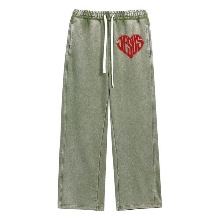 Christianartworkshop Pantalones deportivos lavados de corte relajado con estampado de corazón de Jesús - Verde - 2XL - image 24
