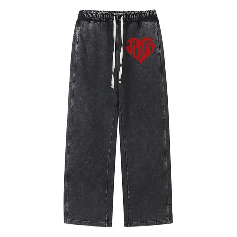 Christianartworkshop Pantalones deportivos lavados de corte relajado con estampado de corazón de Jesús - Negro - 2XL - image 8
