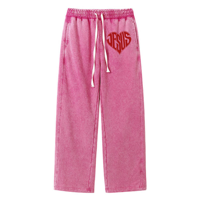 Christianartworkshop Pantalones deportivos lavados de corte relajado con estampado de corazón de Jesús - Rosa - 2XL - image 40