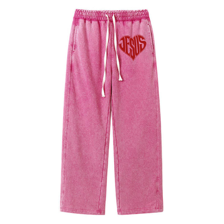 Christianartworkshop Pantalones deportivos lavados de corte relajado con estampado de corazón de Jesús - Rosa - 2XL - image 40