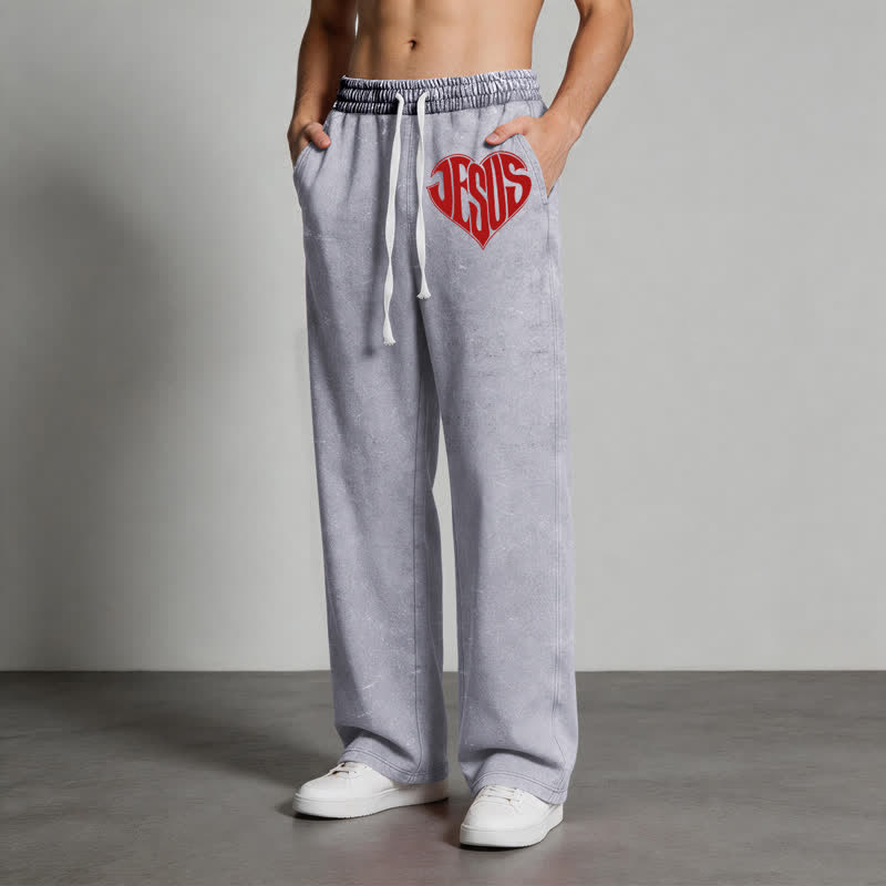 Christianartworkshop Pantalones deportivos lavados de corte relajado con estampado de corazón de Jesús - image 4