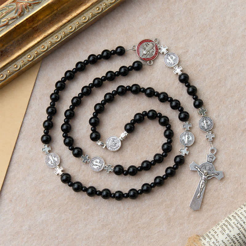 Christianartworkshop Rosario elegante de cuentas acrílicas negras con medallas de San Benito: emblema de la firme protección celestial. - image 5