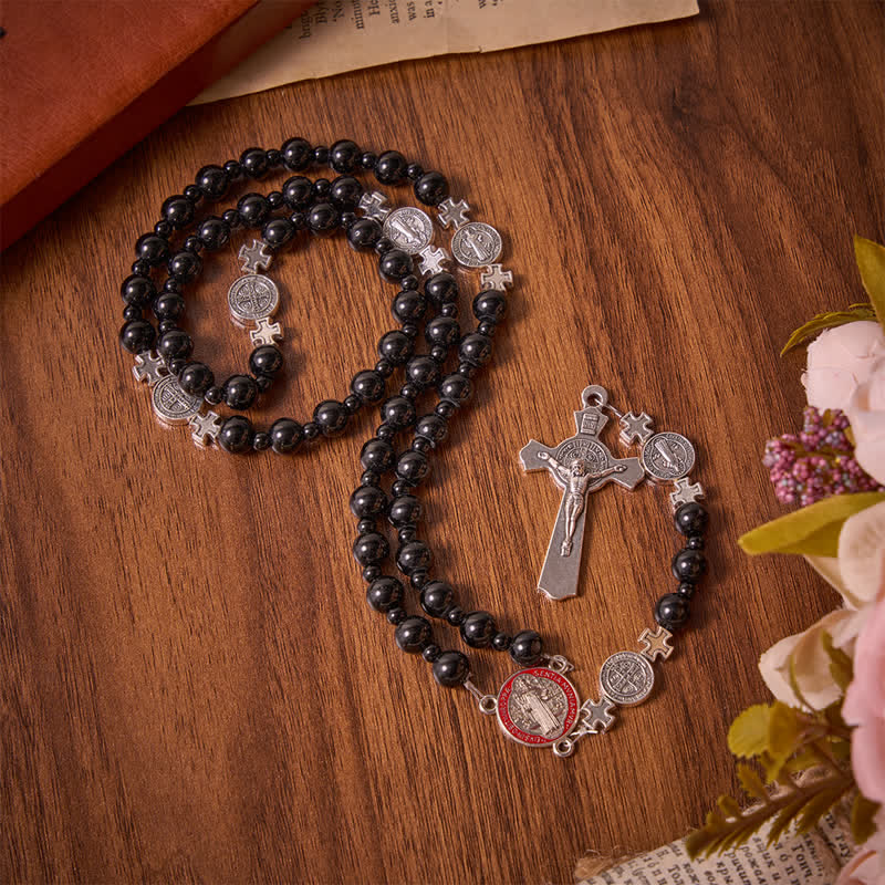 Christianartworkshop Rosario elegante de cuentas acrílicas negras con medallas de San Benito: emblema de la firme protección celestial. - image 2