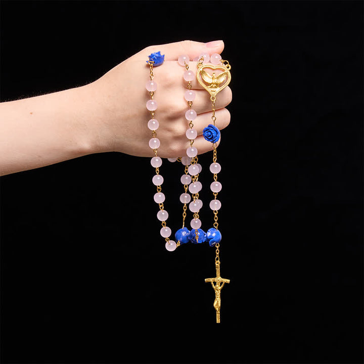 Christianartworkshop Rosario de cristal rosa azul real celestial con corazón del Espíritu Santo y crucifijo. - image 1