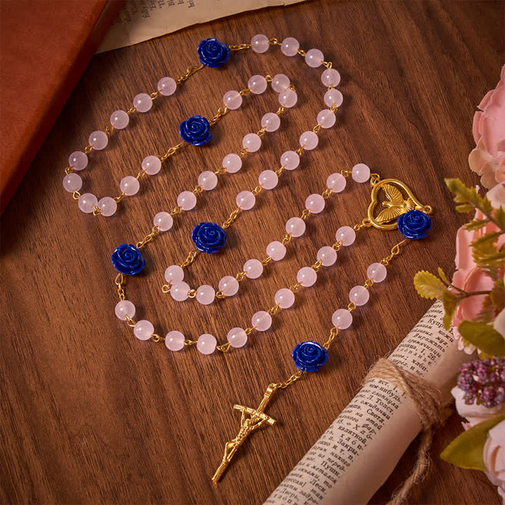 Christianartworkshop Rosario de cristal rosa azul real celestial con corazón del Espíritu Santo y crucifijo. - Rosario de la Rosa del Espíritu Santo - image 0