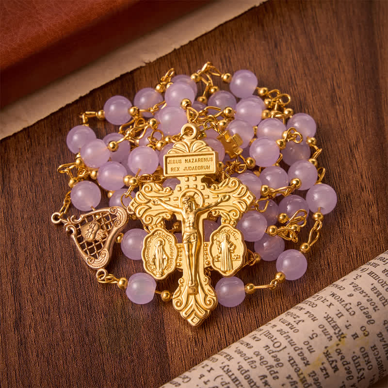 Christianartworkshop Rosario de cuentas de vidrio color lavanda pálido con crucifijo del Sagrado Corazón: emblema de la dulce misericordia celestial. - Rosario de cuentas de vidrio color lavanda - image 0