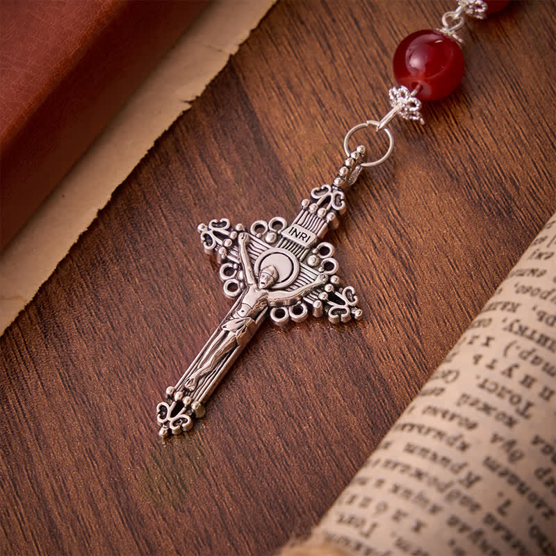 Christianartworkshop Rosario de cuentas de vidrio rojo brillante con la Cruz de Jerusalén: Emblema de la Noble Redención Celestial. - image 8