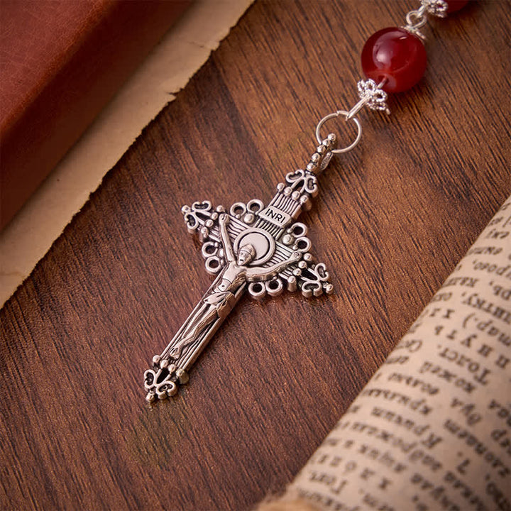 Christianartworkshop Rosario de cuentas de vidrio rojo brillante con la Cruz de Jerusalén: Emblema de la Noble Redención Celestial. - image 8