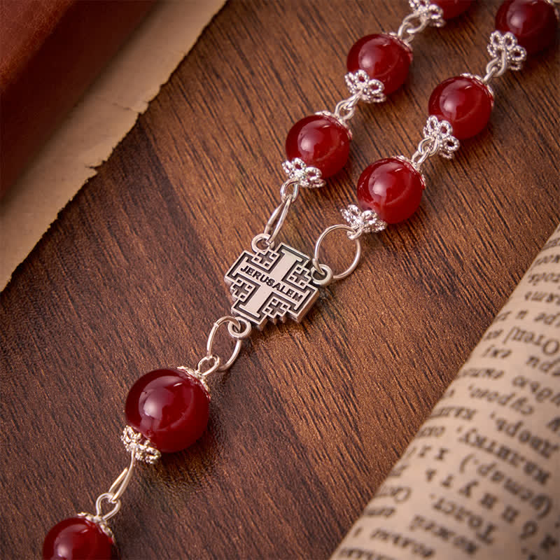 Christianartworkshop Rosario de cuentas de vidrio rojo brillante con la Cruz de Jerusalén: Emblema de la Noble Redención Celestial. - image 7