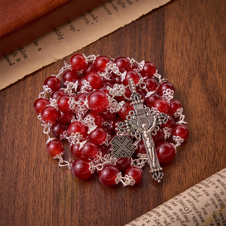 Christianartworkshop Rosario de cuentas de vidrio rojo brillante con la Cruz de Jerusalén: Emblema de la Noble Redención Celestial. - image 5