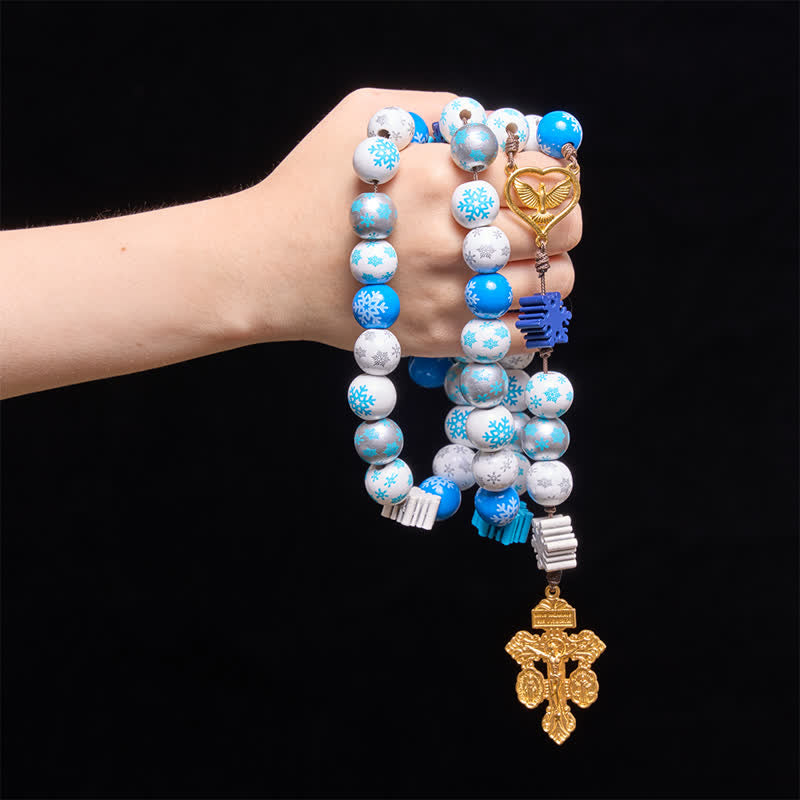 Christianartworkshop Rosario de cuentas de madera con forma de copo de nieve y medalla del Corazón del Espíritu Santo: Emblema de pura serenidad celestial. - image 1