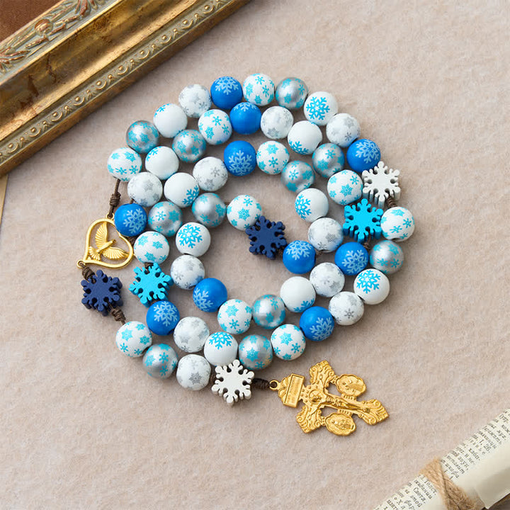 Christianartworkshop Rosario de cuentas de madera con forma de copo de nieve y medalla del Corazón del Espíritu Santo: Emblema de pura serenidad celestial. - image 5