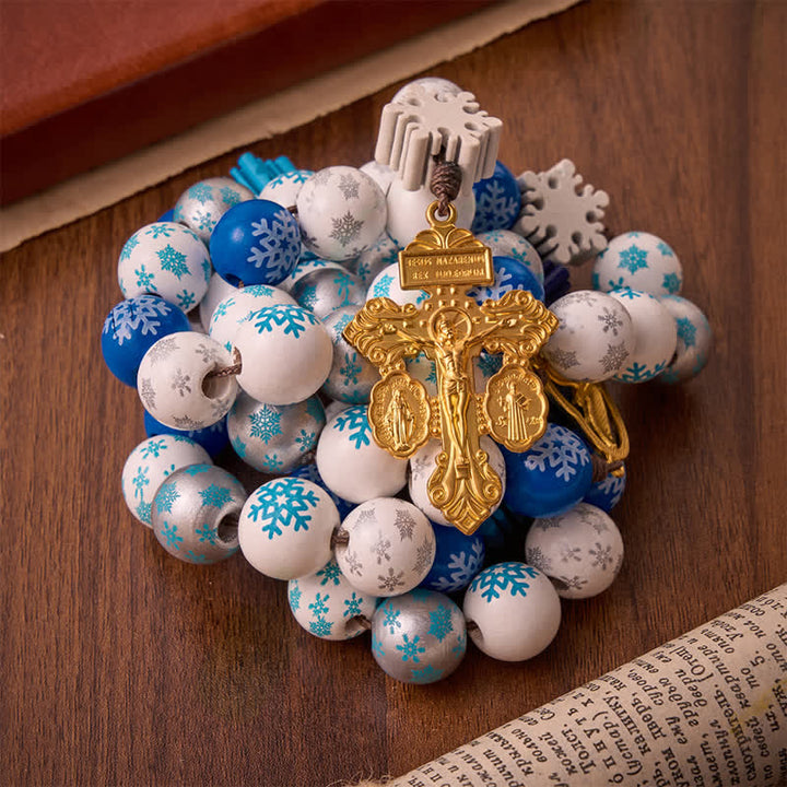 Christianartworkshop Rosario de cuentas de madera con forma de copo de nieve y medalla del Corazón del Espíritu Santo: Emblema de pura serenidad celestial. - image 3