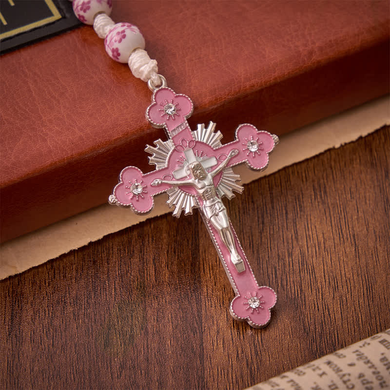 Christianartworkshop Rosario de cuentas de porcelana rosa con motivos florales y medallón de Nuestra Señora de Aparecida. - image 8