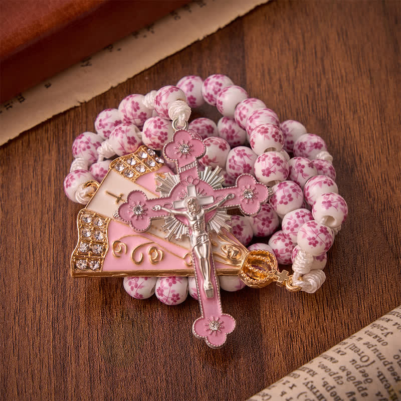 Christianartworkshop Rosario de cuentas de porcelana rosa con motivos florales y medallón de Nuestra Señora de Aparecida. - image 3