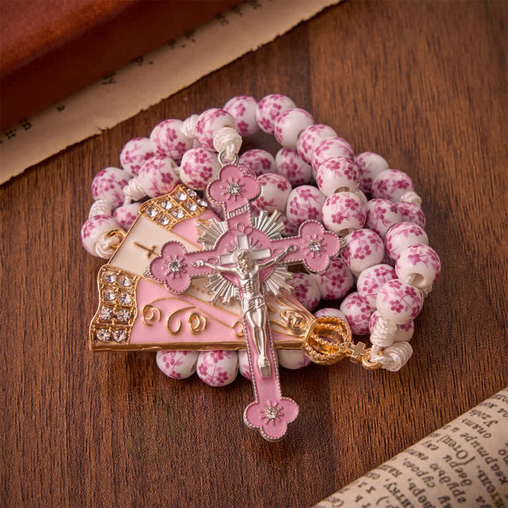 Christianartworkshop Rosario de cuentas de porcelana rosa con motivos florales y medallón de Nuestra Señora de Aparecida. - image 3