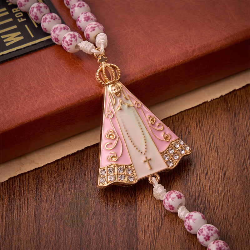 Christianartworkshop Rosario de cuentas de porcelana rosa con motivos florales y medallón de Nuestra Señora de Aparecida. - image 7