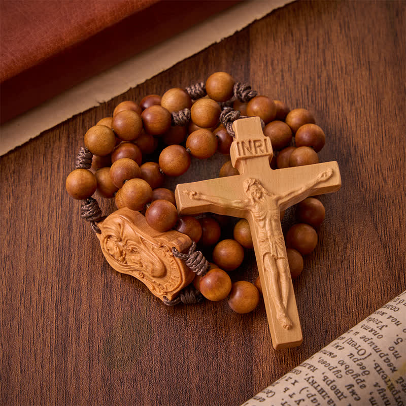 Christianartworkshop Rosario de madera natural con motivo de la Virgen y el Niño: símbolo de la constante calidez divina. - image 16