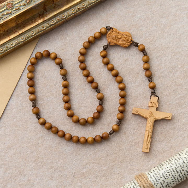 Christianartworkshop Rosario de madera natural con motivo de la Virgen y el Niño: símbolo de la constante calidez divina. - image 15