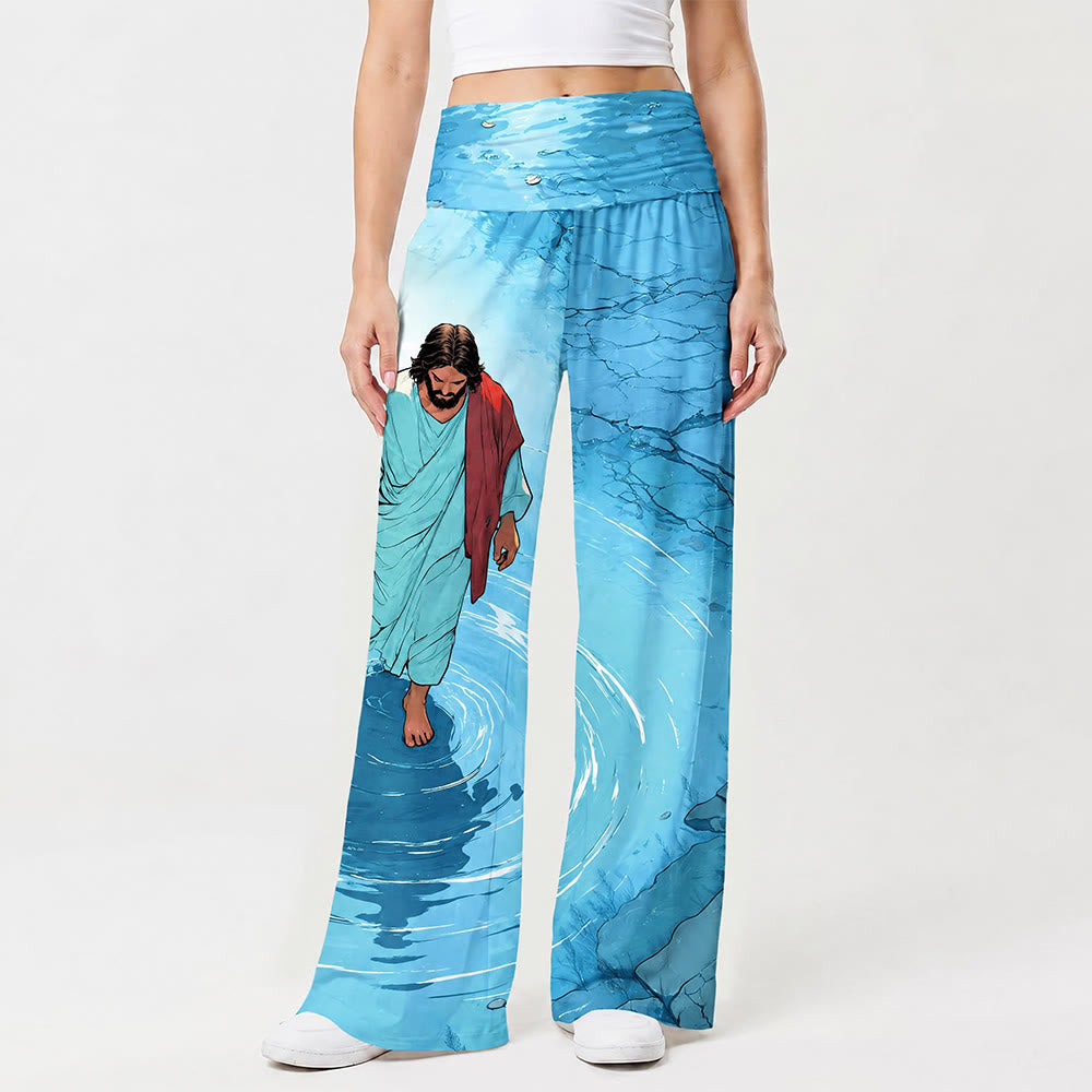 Christianartworkshop Jesús caminando sobre el agua Ripple Lake Arte cómico Pantalones de pierna ancha para mujer Fe informal - US22, UK/AU26, EU54 (6XL) - image 0