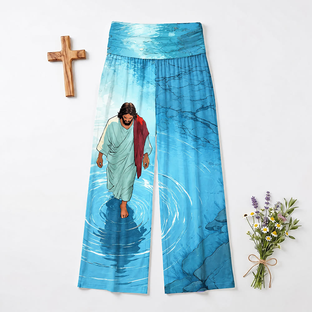 Christianartworkshop Jesús caminando sobre el agua Ripple Lake Arte cómico Pantalones de pierna ancha para mujer Fe informal - image 2
