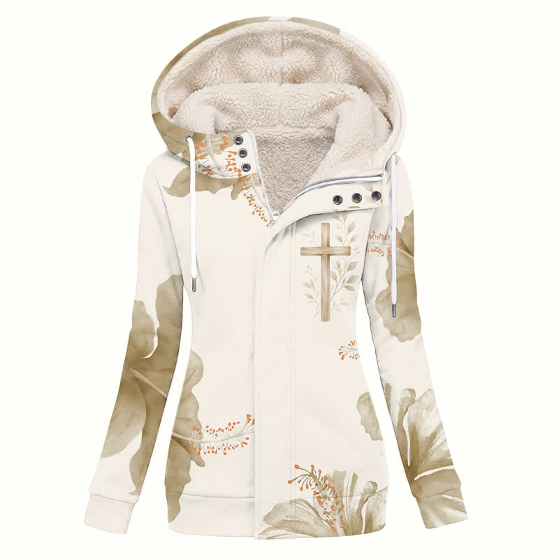 Christianartworkshop Abrigo de invierno con capucha y forro de sherpa con estampado floral cruzado. - US16, UK/AU20, EU48 (4XL) - image 0