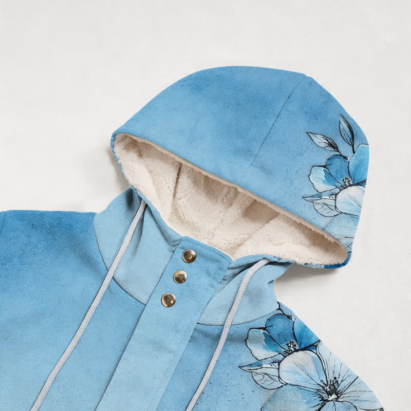 Christianartworkshop Abrigo de invierno con capucha de sherpa con estampado floral degradado azul - image 2