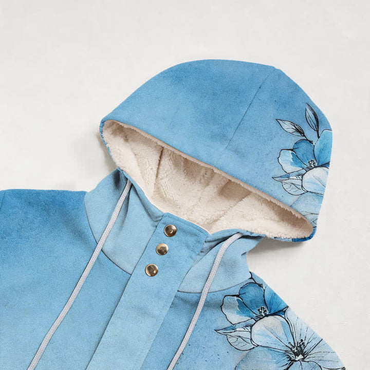 Christianartworkshop Abrigo de invierno con capucha de sherpa con estampado floral degradado azul - image 2