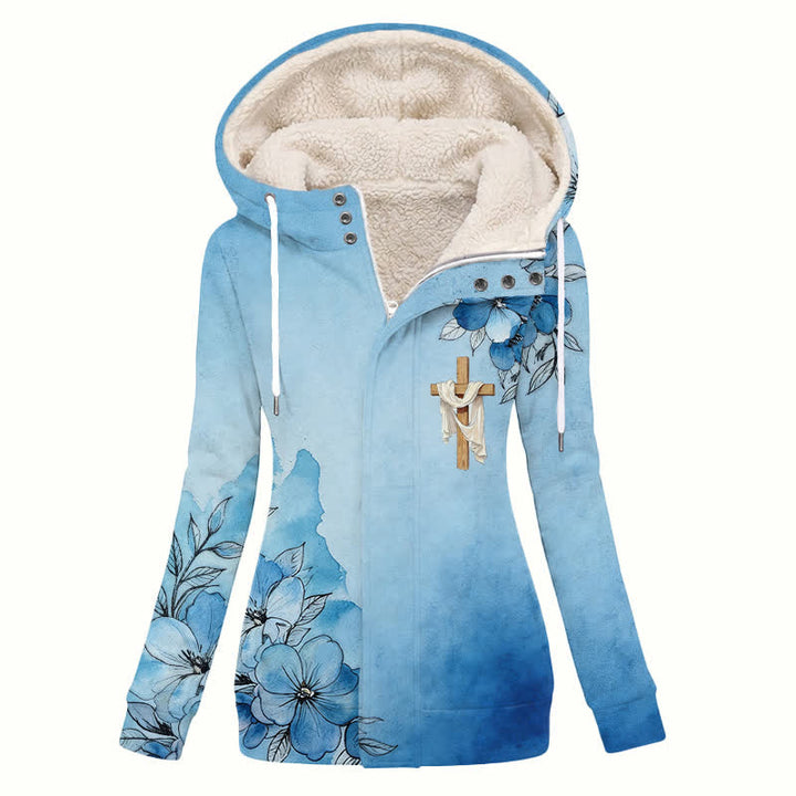 Christianartworkshop Abrigo de invierno con capucha de sherpa con estampado floral degradado azul - US16, UK/AU20, EU48 (4XL) - image 0
