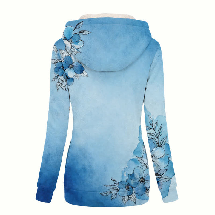 Christianartworkshop Abrigo de invierno con capucha de sherpa con estampado floral degradado azul - image 1