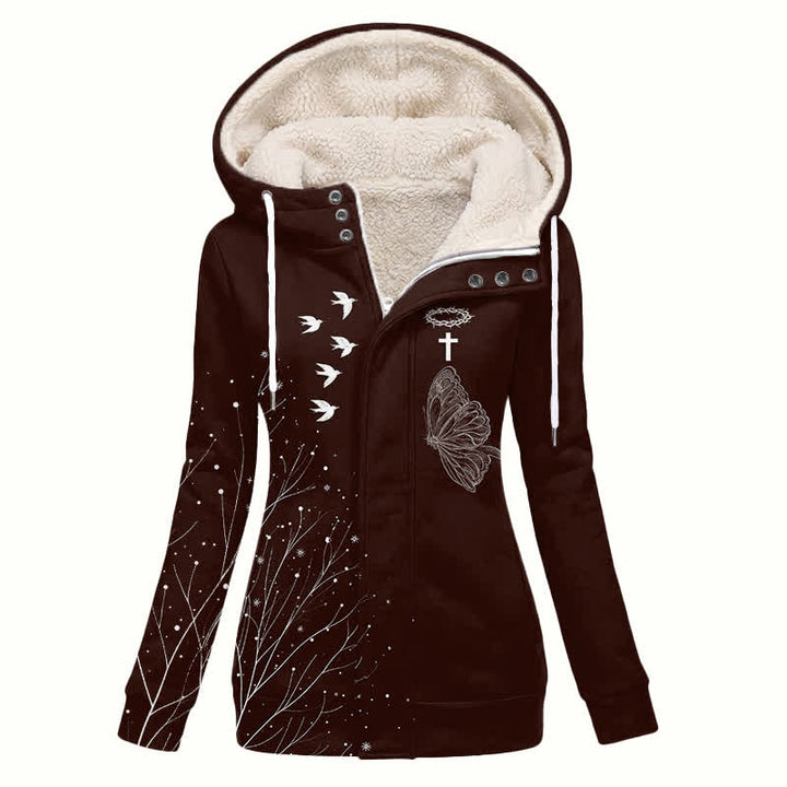 Christianartworkshop Abrigo de invierno con capucha de sherpa con estampado de mariposas y pájaros. - US16, UK/AU20, EU48 (4XL) - image 0