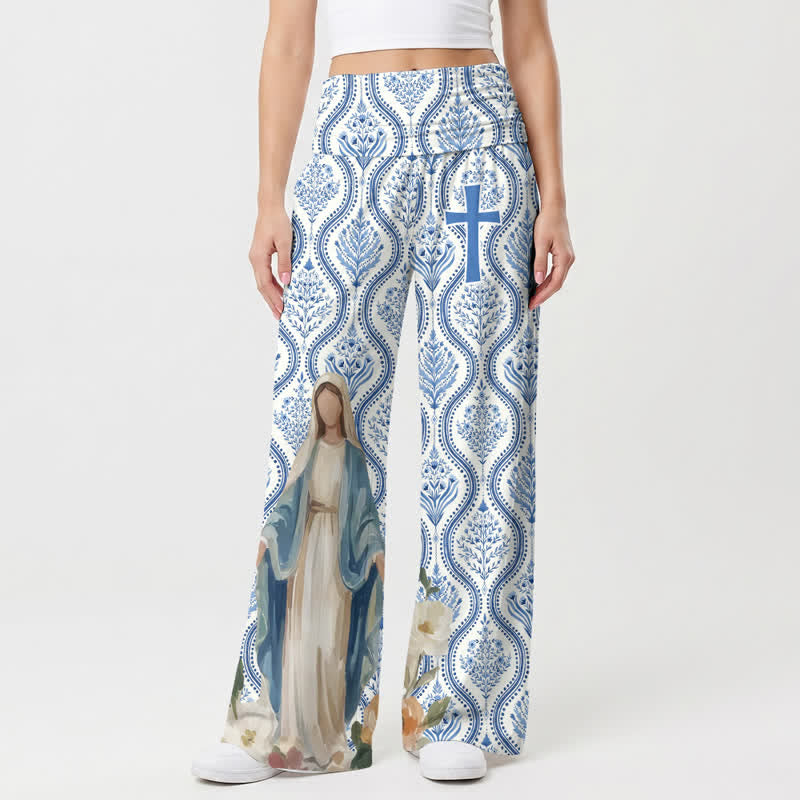 Christianartworkshop Pantalones palazzo de pierna ancha para mujer con estampado de la Virgen Cruz en azul y blanco. - image 1